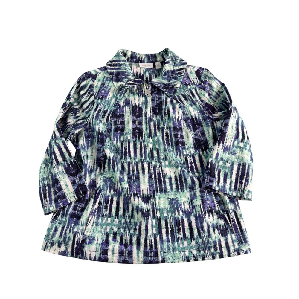 Weekends by Chico's Jacket 2 Large Blue Aqua Abstract Print Full Zip Lightweight